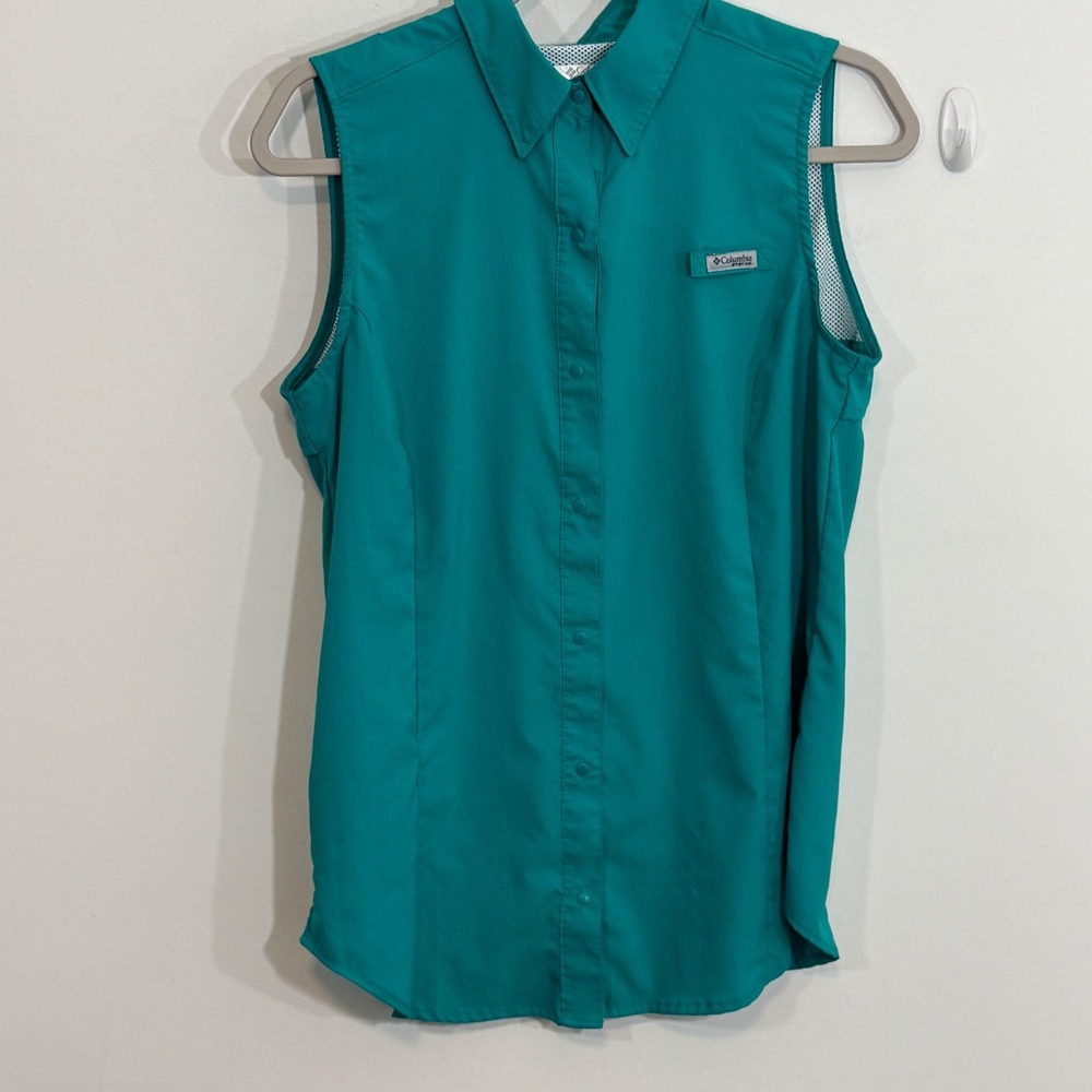 Columbia Womens Tamiami Shirt Medium Green Sleeveless Vented Outdoor Fishing